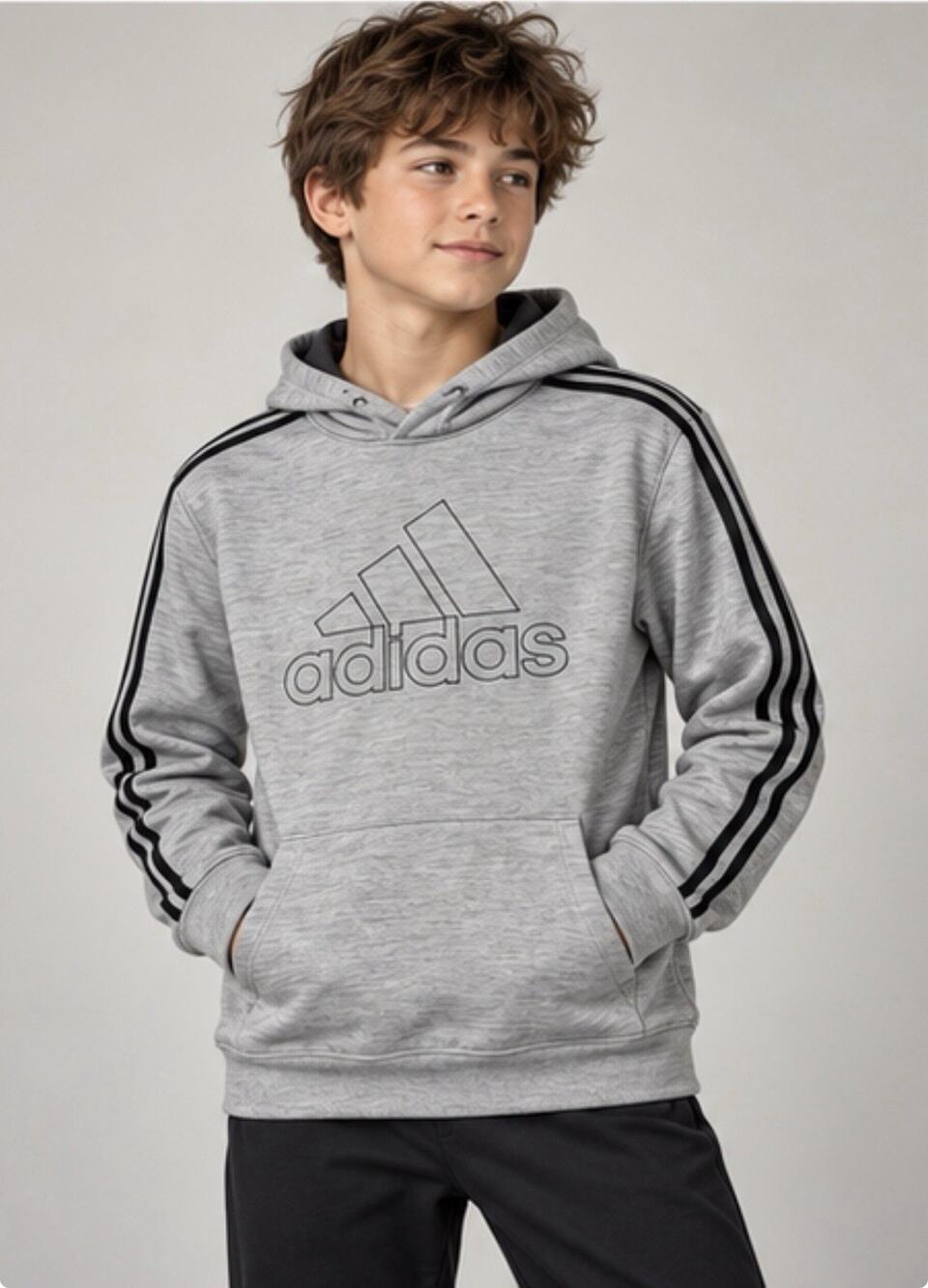 Adidas Hoodie Boys Youth XL 18/20 Gray Black 3 Stripe Pullover Logo Pocket